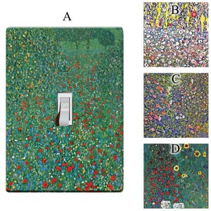 May include: Light switch cover with a colorful floral pattern, featuring red, blue, and yellow flowers on a green background. The switch is labeled "OFF".