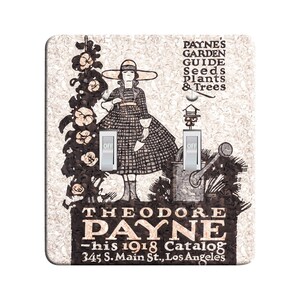 May include: A vintage advertisement for Theodore Payne's 1918 Garden Guide, Seeds, Plants & Trees. The ad features a young girl in a checkered dress standing next to a watering can and a garden scene. The text "Theodore Payne - his 1918 Catalog 345 S. Main St., Los Angeles" is printed at the bottom.