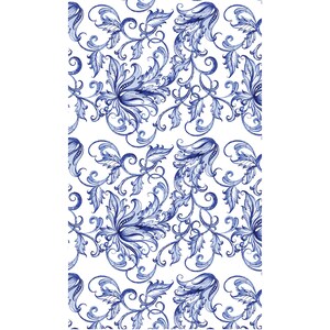 May include: A seamless pattern featuring a repeating design of blue floral motifs on a white background. The intricate design includes stylized flowers, leaves, and vines.