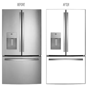 May include: Side-by-side refrigerator with a stainless steel finish, featuring a water and ice dispenser. The image shows a comparison of the refrigerator before and after a white overlay. The text "BEFORE" and "AFTER" are visible.