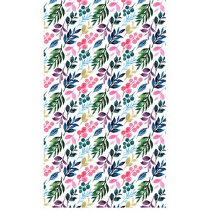 May include: A seamless pattern featuring a repeating design of stylized leaves and berries in shades of pink, green, blue, purple, and gold on a white background.