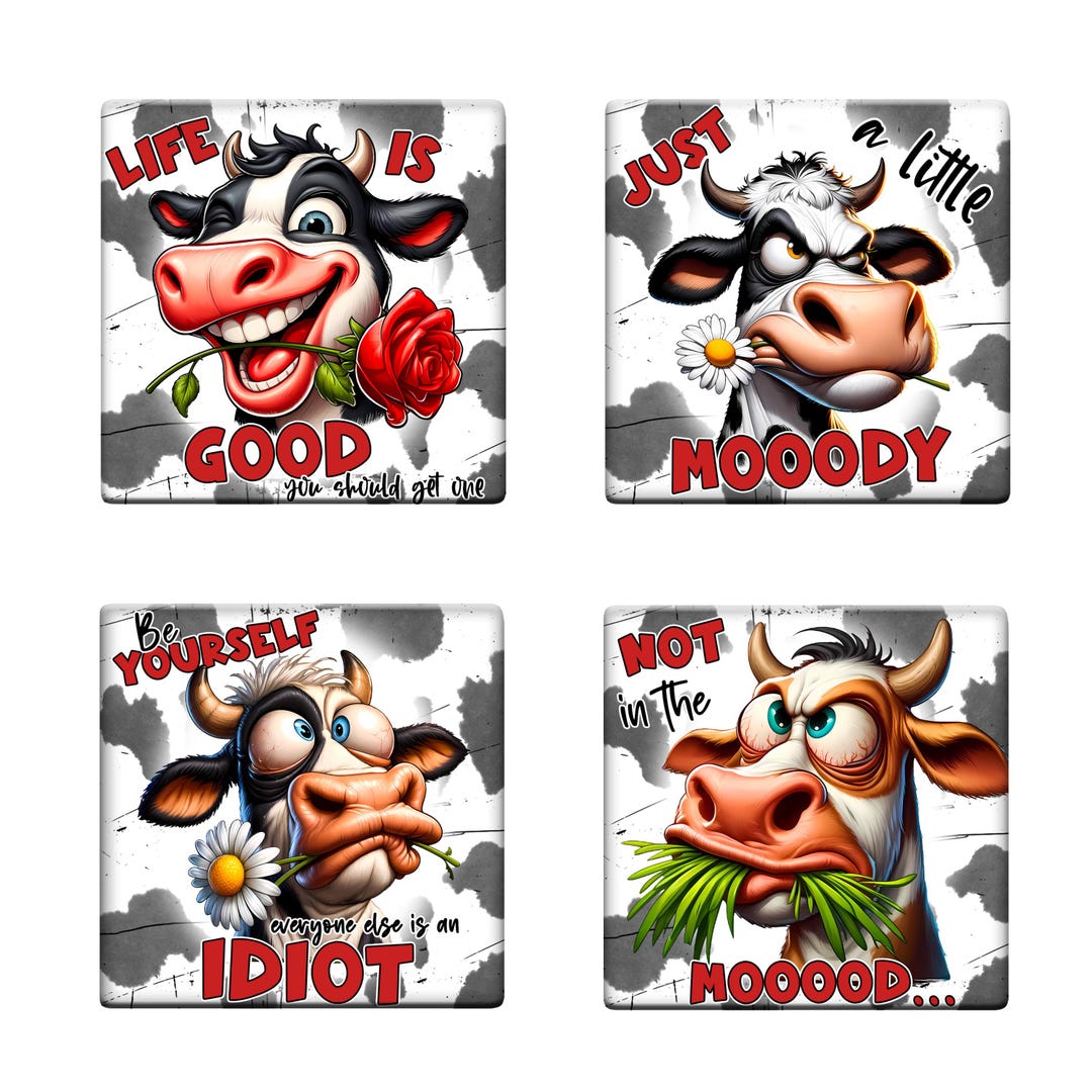 Set of 4 Square Coaster Funny Cow Faces With Cork Backing | Funny Cow ...