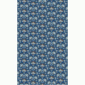 May include: A repeating pattern of stylized floral elements in shades of blue, light blue, and orange-brown against a deep blue background. The design features symmetrical, vertical rows of floral motifs, creating a textured, decorative effect.