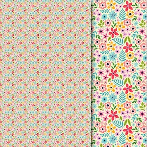 May include: Two seamless patterns featuring a variety of colorful flowers and leaves on a white background. The pattern on the left has smaller flowers and leaves, while the pattern on the right has larger flowers and leaves.