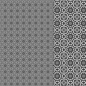 May include: Black and white seamless pattern with two different geometric designs. The left side features a repeating pattern of small circles and squares. The right side features a larger, more intricate pattern of circles, squares, and flower-like shapes.