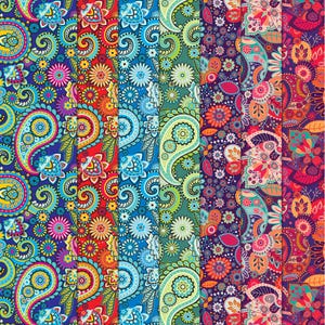 May include: A set of six seamless patterns featuring colorful paisley and floral designs. The patterns are in shades of blue, green, red, purple, and orange.