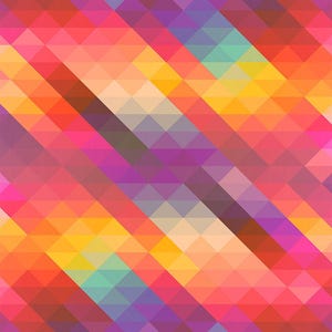 May include: Abstract geometric pattern with diagonal stripes of pink, red, orange, yellow, green, blue, purple, and gray.