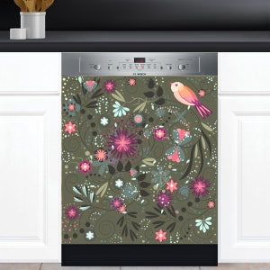 Dishwasher Cover Choose Magnet Or Vinyl Decal Sticker, Scandinavian Bird And Flowers Folk Art Design D0022- choose your type from the menu.