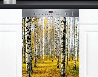 Dishwasher Cover Choose Magnet Or Vinyl Decal Sticker, Beautiful Birch Grove Autumn Art Design D0060- choose your type from the menu.