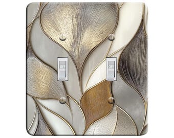Embossi Printed Maxi Metal Plate Luxury Abstract Neutral Metallic Leaf Wall Decor, Modern Elegant Design Light Switch / Outlet Cover,  V0043