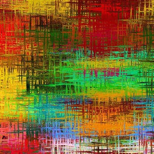 May include: Abstract digital art with a colorful, layered, criss-cross pattern in shades of red, orange, yellow, green, blue, and purple.