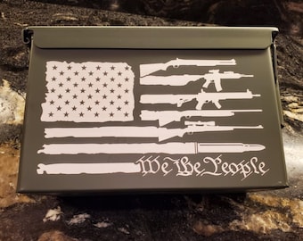 New .50 cal  Ammo Storage Can Engraved With Various US Flag  Designs On ONE Side With Option For Your Own Logo Or Text
