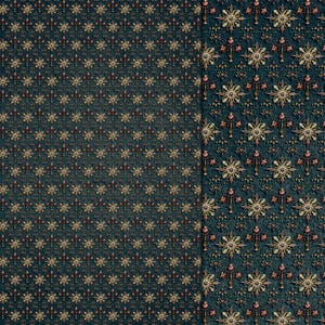 May include: A seamless pattern featuring a repeating design of gold stars and red flowers on a dark blue background.
