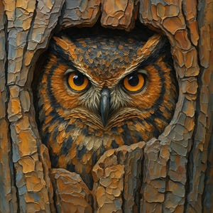 May include: A detailed painting of an owl peering out from a tree trunk. The owl has striking orange eyes and a mix of brown, black, and orange feathers. The tree bark is textured with shades of brown and orange.