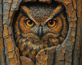 Owl in Hollow Tree Decorative Ceramic Tile  UV Printed Glazed Tile with Embossed Texture  Elegant Display or Wall Accent (4.25" or 6") T0023