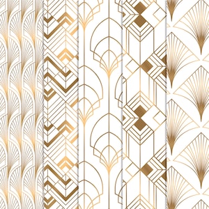 May include: Four different geometric patterns in gold on a white background. The patterns are all abstract and feature lines and shapes.
