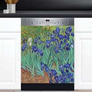 May include: A dishwasher with a colorful image of blue iris flowers and green leaves. The image is a reproduction of a famous painting.