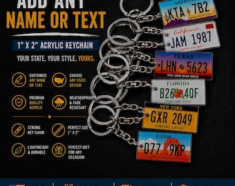 Personalized State License Plate Keychain Custom Acrylic Key Tag Any State Name Text Mini Plate Gift