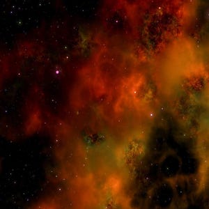 May include: A vibrant nebula with swirling orange, red, and yellow clouds against a dark blue starry background.