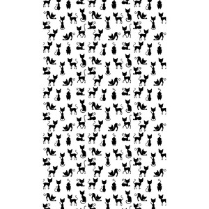 May include: A seamless pattern of black silhouette cats in various poses, including sitting, standing, and walking. The cats are arranged in a repeating pattern on a white background.