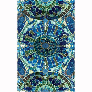 May include: Abstract mosaic pattern in shades of blue and green. The design features circular and geometric shapes, with a variety of tile sizes and textures. The overall effect is a vibrant and intricate artwork.