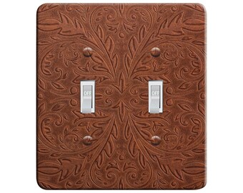Embossi Printed Maxi Metal Western Saddle Tooled Leather Pattern Switch Plate Cover - Light Switch / Outlet Cover Custom Plate, L0048