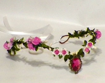 Flower Circlet Pink Orange Yellow Paper Rose Flower Hair Garland Wedding Flower Fairy Ren Fair Garden Party Headpiece Crown