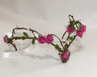 Flower Circlet Pink Orange Yellow Paper Rose Flower Hair Garland Wedding Flower Fairy Ren Fair Garden Party Headpiece Crown