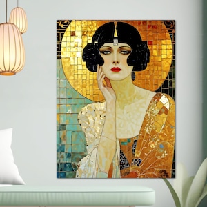 Art Print Art Nouveau Metal Art Poster Faux Mosaic Mucha Klimt Inspired Woman Portait Wall Art Painting Print