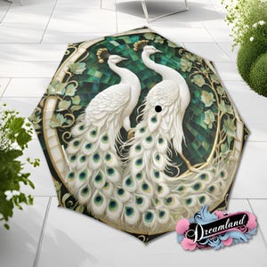 Twin Peacocks Boho Umbrella Cottagecore Art Nouveau Faux Stained Glass Flower Parasol Semi-Automatic Waterproof Foldable Umbrella
