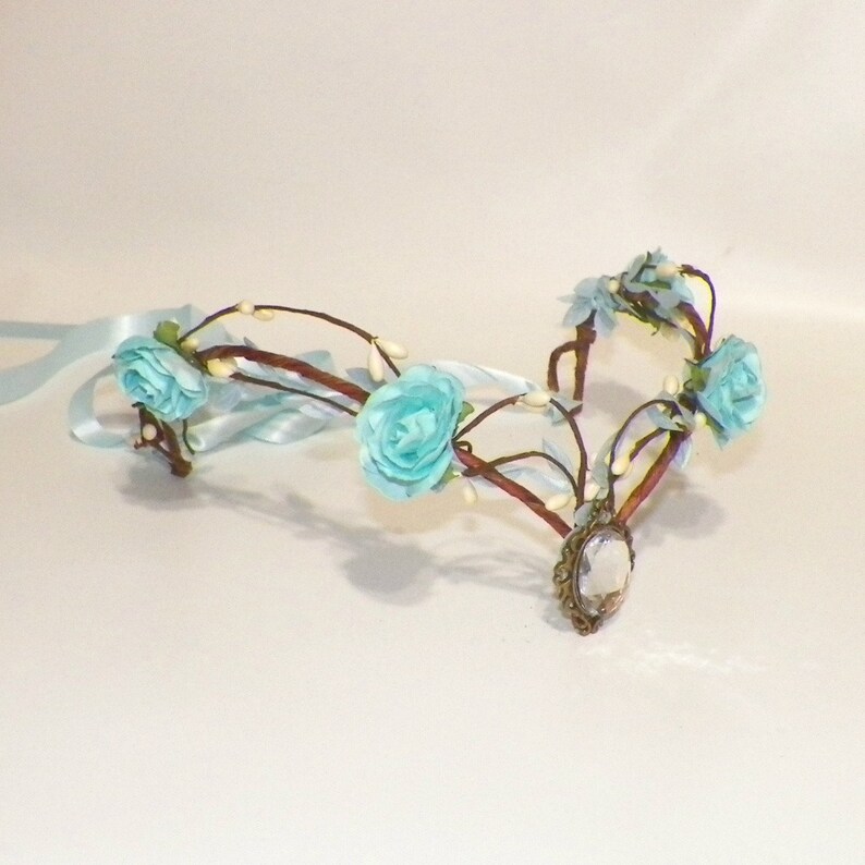 Blue Circlet Fairy Woodland Flower Headband Elven Medieval White Tiara Bridal Renaissance Costume Crown Bride Bridal Wedding Head Piece