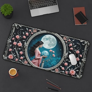 Celestial Moon Earth Desk Mat Mousepad Cute Mother Eart Aesthetic Art Nouveau Floral Office Decor Large Gaming Mat Pad