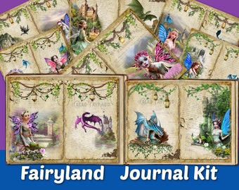 Fairy Dragon Junk Journal Kit Pages Shabby Fairyland Vintage Printable Blank Lined Paper Supplies Ephemera Collage Download