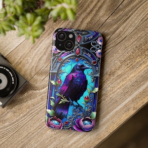 Gothic Phone Case Stained Glass Raven Retro Edgar Allan Poe Design iPhone 12 13 15 Galaxy S21 S22 S23 And More