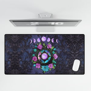 Purple Moon Desk Mat Floral Witchy Celestial Stars Dark Aesthetic Cottagecore Flowers Academia Mouse Pad