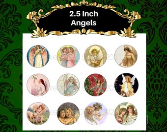 Retro Angels Vintage Christmas Circles Printable For 2.5 Inch Tags Cupcake Toppers Party Supplies Ornaments Scrapbooking  Digital Download