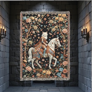 Medieval Woven Blanket Cat Knight Tapestry Wall Hanging Dark Academia Throw Fairycore Forest Wall Folk Cottagecore Fantasy Art Decor