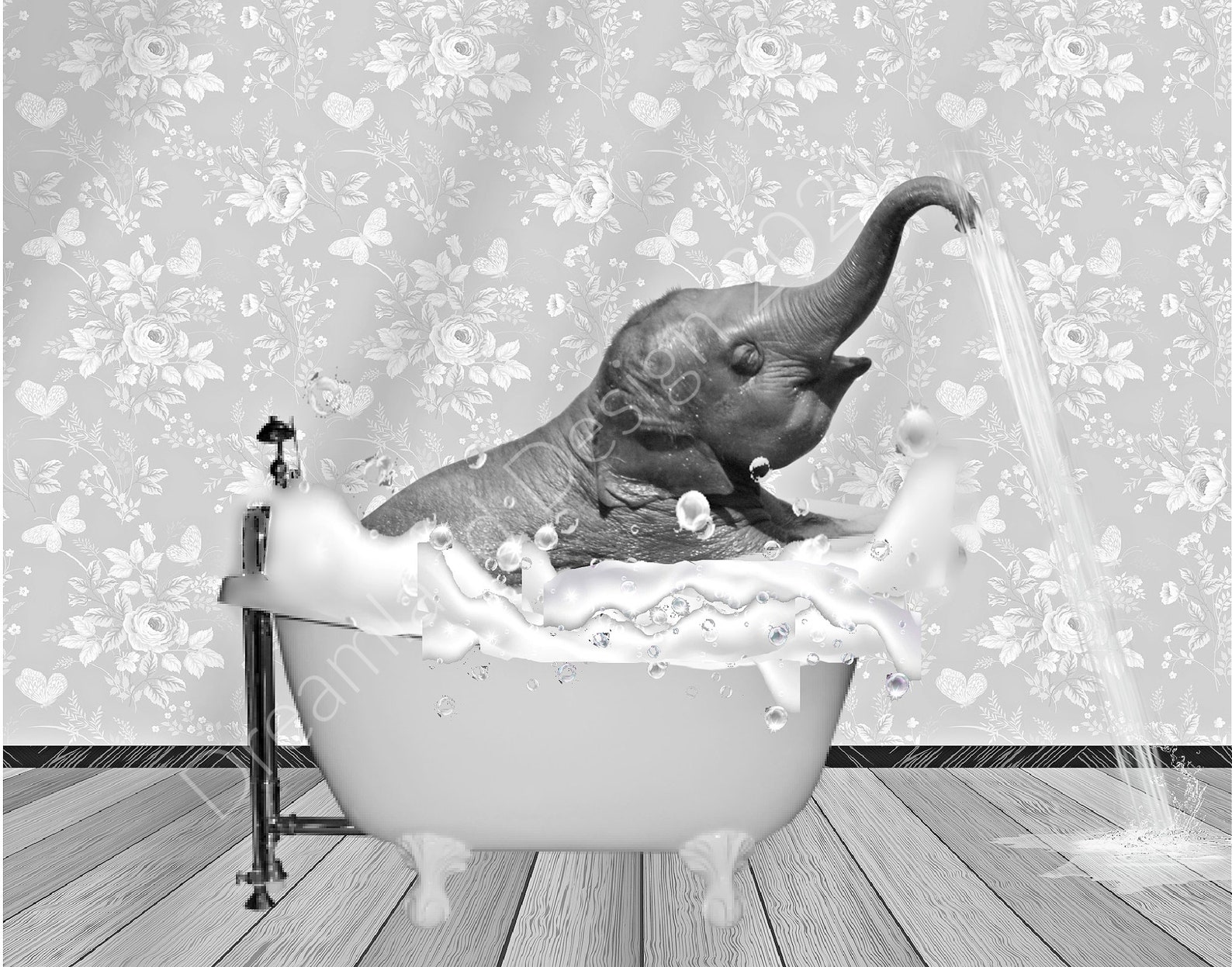 Baby Elephant In Bath Wall Art Printable Bathroom Farm Animals Etsy