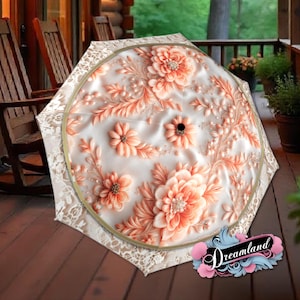 Cream Umbrella Art Nouveau Printed Flowers Floral Peach Parasol Semi-Automatic Waterproof Foldable Umbrella