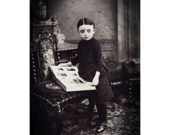 Photo Victorian Creepy Ghost Girl Vintage Printable Child Black Eyes Art Halloween Creepy Cabinet Card  Download Wall Art Scrapbook Card