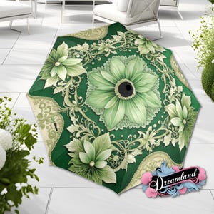 Sage Green Cream Umbrella Art Nouveau Printed Pearls Parasol Semi-Automatic Waterproof Foldable Umbrella