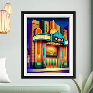 Retro Art Deco Print Theater Poster Gatsby Vintage Style Wall Art Retro 1930s Movie Palace Interior Home Decor