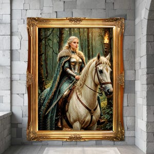 Lady Knight Riding Horse Art Painting Print Medieval Warrior Lady Sword Dark Academia Wall Art Oil Painting Print Dark Moody Wall Art