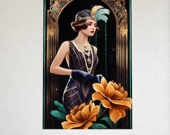 Gatsby Girl Art Deco Print Gatsby Girl Poster Portrait Black Gold 1920s Style Flapper Woman Wall Art Home Decor