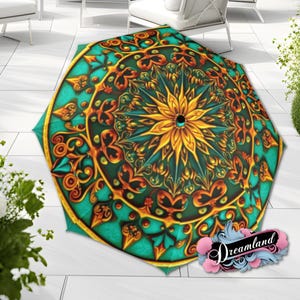 Boho Green Brown Umbrella Art Nouveau Printed Mandella Parasol Semi-Automatic Waterproof Foldable Umbrella