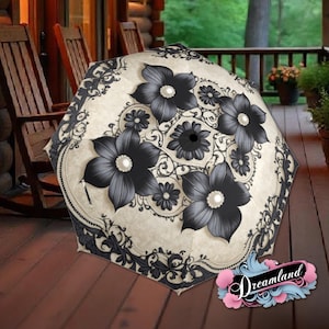 Cream Black Umbrella Art Nouveau Printed Pearls Parasol Semi-Automatic Waterproof Foldable Umbrella