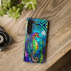 Seahorse Phone Case Stained Glass Art Nouveau Ocean Sea Underwater Retro Design iPhone 12 13 15 Galaxy S21 S22 S23 And More