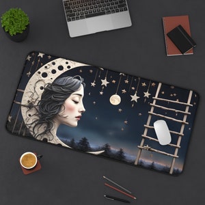 Face In Moon Desk Mat Mousepad Cute Aesthetic Dark Cottagecore Office Decor Large Gaming Mat Pad Aesthetic Art Nouveau