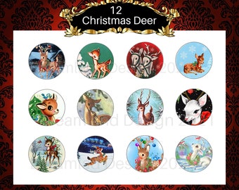 Retro Reindeer Vintage Christmas Circles Printable For 2.5 Inch Tags Cupcake Toppers Party Supplies Ornaments Scrapbooking  Digital Download