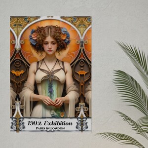 Art Nouveau Poster Print Boho Lady Paris In London Mucha Inspired Exibition 1902 Wall Art New Art Nouveau Bohemion Home Decor